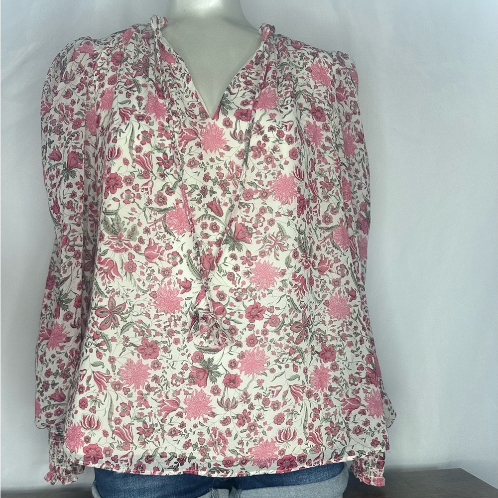 CeCe Floral Blouse with Pink and White Design